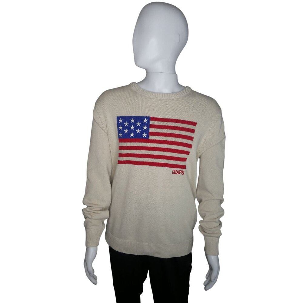 Chaps Men's Crewneck American Flag Sweater Off White Size XL‎